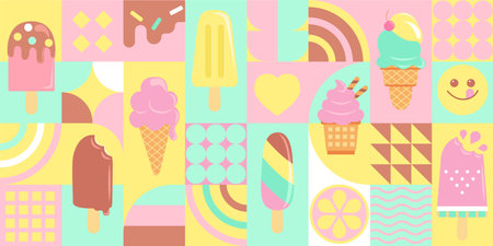 Ice cream horizontal banner,geometric flat style.のイラスト素材