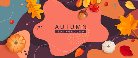 Autumn banner with leaves, rowanberries, pumpkin.のイラスト素材