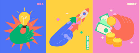 Set of bright posters, idea, startup, money.のイラスト素材