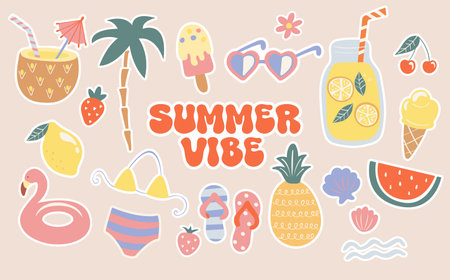 Summer set of hand drawn stickers,funny doodle holiday beach elements-watermelon,lemon,ice cream,palm,drinks, cocktail. Isolated elements for scrapbooking summer vibe. Perfect for templates,web.Vectorのイラスト素材