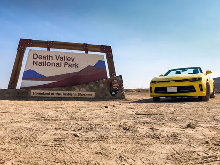 Death Valley National Park, USA. Nov 2017: Chevrolet Camaro Convertible at the Death Valley National Park entranceのeditorial素材
