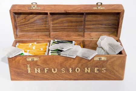 wood box with a lot of herbal infusionsの写真素材