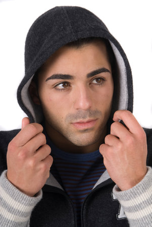 attractive young man in his sweatshirt after a sports sessionの写真素材