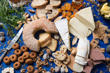 table full of homemade sweets for breakfast or snackの写真素材