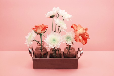 Flower composition on pink backgroundの写真素材