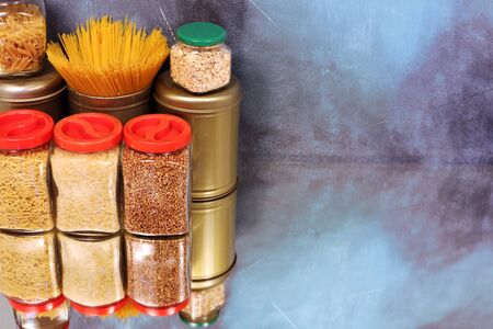 Food set with copy space. rice buckwheat oatmeal pasta. Food supplies.の写真素材