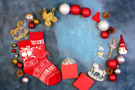 Christmas composition. Frame with copy space. Flatly, flat lay, top viewの写真素材