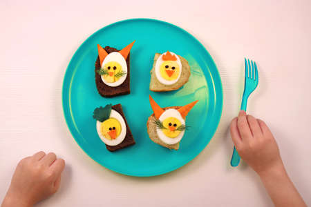 Fun food for kids. Funny egg sandwiches for kids. Rabbit bunny and chicken chick shaped sandwiches....