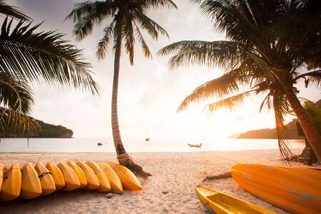 Beautiful time, sun setting over the sea. Yellow Sea Kayaks on sand beach and coconut trees foregrounds, local fishing boat and yacht backgrounds. Summer season. Mu Koh Ang Thong National Park, Surat Thani, Thailand. Warm tone.の写真素材