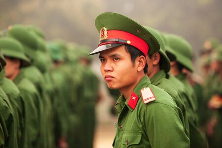 Dien Bien Phu, Vietnam %u2013 FEBRUARY 26, 2012: Young Vietnamese soldier during site visit program of Vietnamese military academies at the bunker of the French General De Castries, the most important camp of the French colonists during the first Indochinのeditorial素材