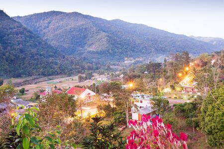 Beautiful view, Bo Kluea District at twilight, mountains backgrounds. The district has grown up two natural saltwater. Salt is still produced in the traditional way in Boklua. Ancient salt pits. Salt culture. History of salt.の写真素材