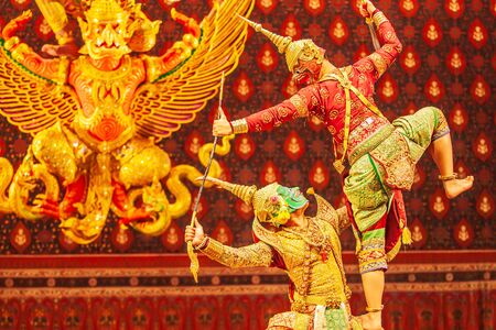 Khon performance, the battle between giant and evil in literature the Ramayana epic. Khon is Thai classic masked play, culture and traditional of Thailand. Thailand cultural centre is open to the public.の写真素材