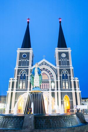 Gorgeous facade of Roman Catholic Diocese of Chanthaburi at twilight, Cathedral of the Immaculate Conception, Thailand. The church is open to the public.の写真素材