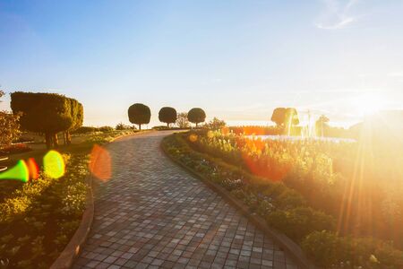 A tranquil flower garden with fountain on atop mountain at dusk, glowing sunset shines onto flowers are in bloom. Vacation concepts. High Key.の写真素材