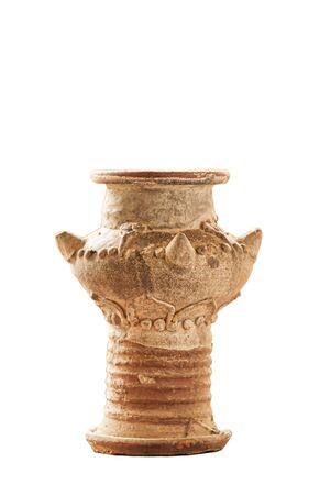 Ancient Chinese pottery jar isolated on white background  . Ancient pottery vessel is display at the local museum of Sing Buri, Thailand. The museum is open to the public.の写真素材