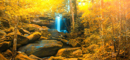 Autumn waterfall in a colourful forest, bright colours leaves in season specific. Long exposure.