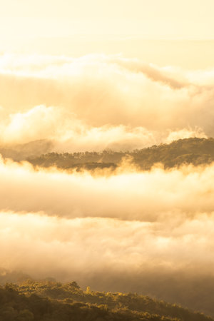 The scenery of mountains during sunrise, warm sunlight shines on the morning fog while drifting over the mountain range.の写真素材