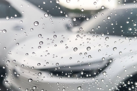 Raindrops on the window of the car, white cars blurred in the background.の写真素材
