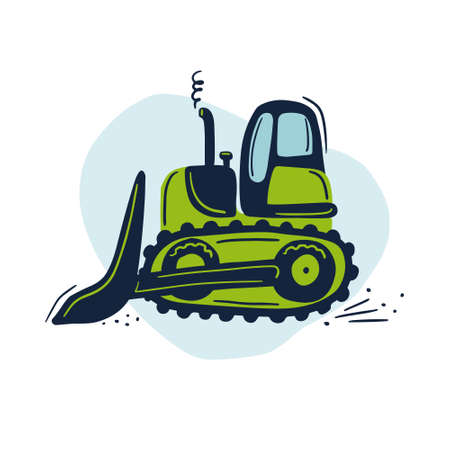 Hand drawn green tracked bulldozer crawler. Cute kids vector illustration.のイラスト素材