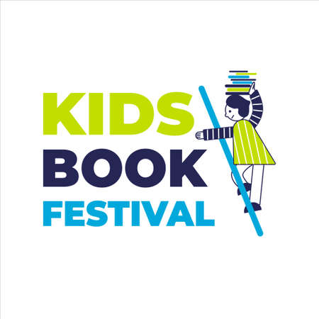 Boy with books on the staircase near the letters as a bookshelves. Flat vector illustration of cute kids book festival.のイラスト素材