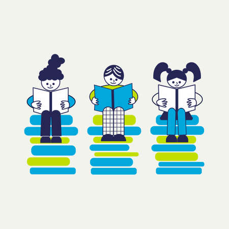 Kids reading books. Flat vector illustration of cute girls and boy sitting on the stack of books.のイラスト素材