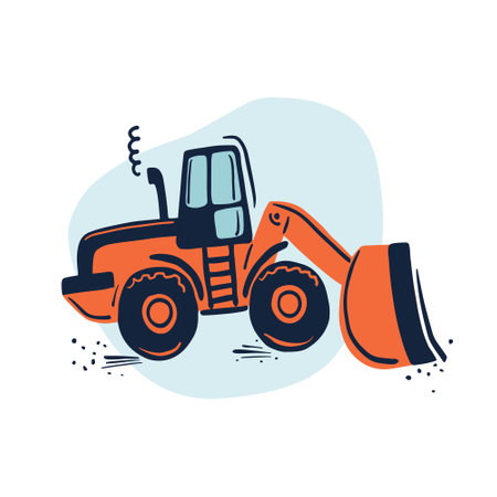 Hand drawn orange wheeled bulldozer. Cute kids vector illustration.のイラスト素材