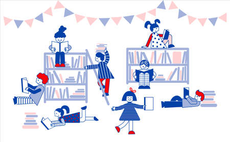 Kids reading books in the library. Flat vector illustration of cute kids with books and bookshelves...