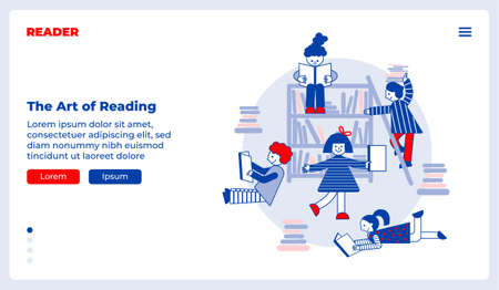 Kids reading books. Flat vector landing page template with illustration of group of cute kids with books and bookshelves on the background.のイラスト素材
