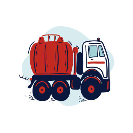 Hand drawn tank car. Red water carrier. Cute kids vector illustration.のイラスト素材