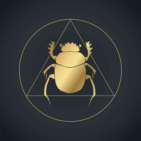 Vector illustration of stylized golden scarab bug in triangle inside circle occult sign on black background. Graphic print. Sacred symbol. Abstract mystic sign.のイラスト素材