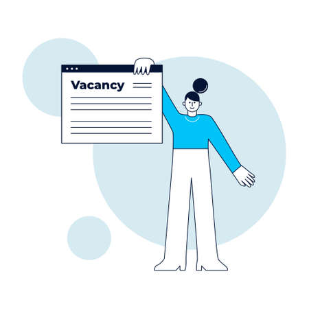 Woman standing and holding a web page with a vacancy. HR specialist announces an open position. Concept of job search. Flat style vector design illustration.のイラスト素材