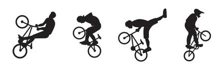 A set of BMX freestyle sportsmen silhouettes. Collection of freestylers performing stunts. Jumping and somersault guys with mountain bikes. Flat style vector design illustrations.のイラスト素材
