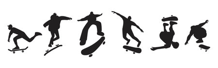 A set of skateboarders silhouettes performing stunts. Collection of jumping and somersault guys with skates. Street skateboarding. Flat style vector design illustrations.のイラスト素材