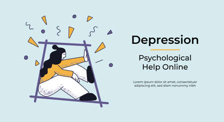 Web banner with a concept of depressed woman in isolated space under the problems rain. Flat vector illustration. Psychological help online template.のイラスト素材