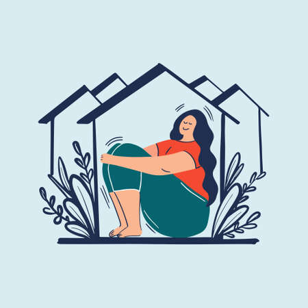 Young girl sitting inside the house. Stay at home concept. Flat colorful hand drawn style vector illustration.のイラスト素材