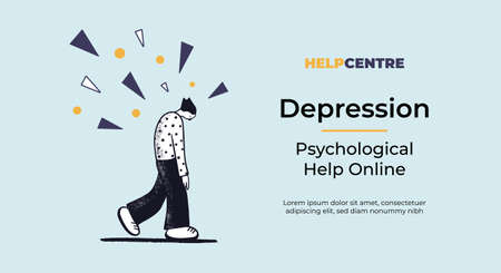 Web banner template with a concept of desperate man walking under the problems rain. Flat vector illustration. Psychological help online template.のイラスト素材