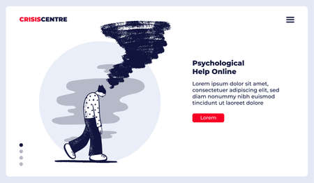Psychological help online, flat vector landing page template with illustration of desperate walking man with a tornado as a problems concept.のイラスト素材