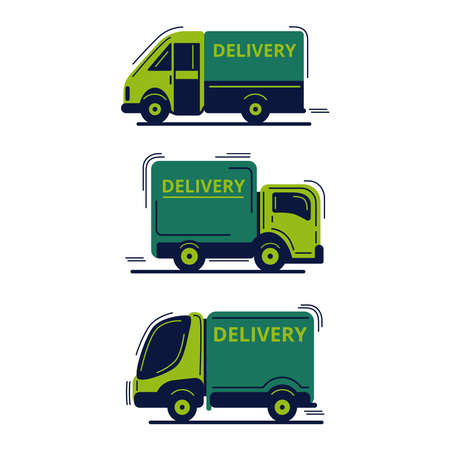 Set of 3 detailed express delivery trucks. Flat vector illustration.のイラスト素材