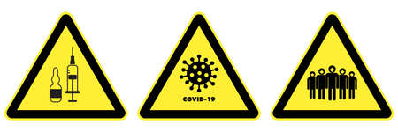 Vector Set of 3 Epidemic warning signs, stickers. Yellow triangles. Vaccination, stop the corona virus, crowd of people in medical masks. Flu labels design isolated on white background.のイラスト素材