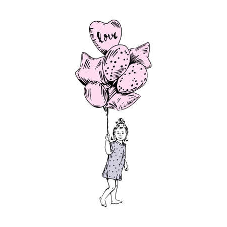Smiling little girl keeping the big bunch of pink balloons on her hand. Birthday party. Hand drawn vector illustration in sketch style.のイラスト素材
