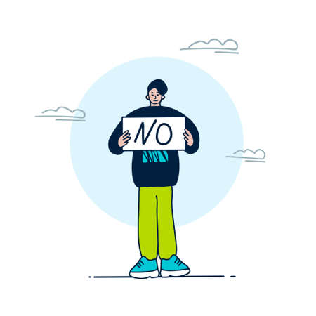 Young modern guy protester holding a plate in his hand with a word no. Concept of a demonstration. Hand drawn style vector design illustration.のイラスト素材