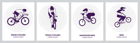 Cycling sport events layout templates set. Road cycling, track cycling, mountain biking and BMX sportsmen with a geometrical background. Minimal posters design. Flat style vector illustrations.のイラスト素材