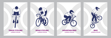 Cycling sport events layout templates set. Road race, track cycling, mountain bike racing and BMX racing sportsmen with a geometrical background. Minimal posters design. Flat style vector illustrations.のイラスト素材
