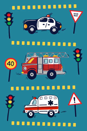 Hand drawn emergency city cars on the road with traffic lights and road signs on the blue background. Police car, fire engine truck, ambulance car. Cute kids vector illustration.のイラスト素材