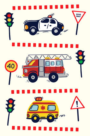 Hand drawn emergency city cars on the road with traffic lights and road signs. Police car, fire engine truck, ambulance car. Cute kids vector illustration.のイラスト素材