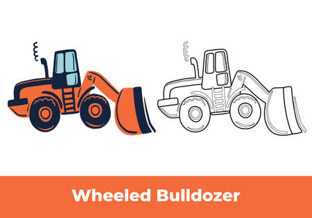 Coloring page and colorful clipart. Hand drawn orange wheeled bulldozer and black contour sketch. Cute kids vector illustration.のイラスト素材