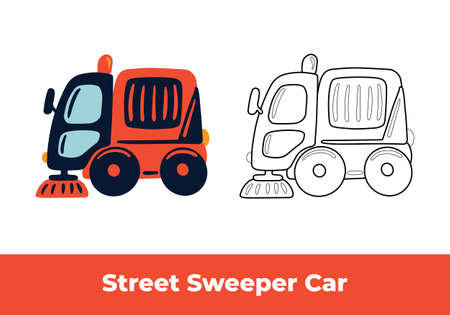Coloring page and colorful clipart. Street sweeper car. Hand drawn red Ñleaning truck and black contour sketch. Cute kids vector illustration.のイラスト素材