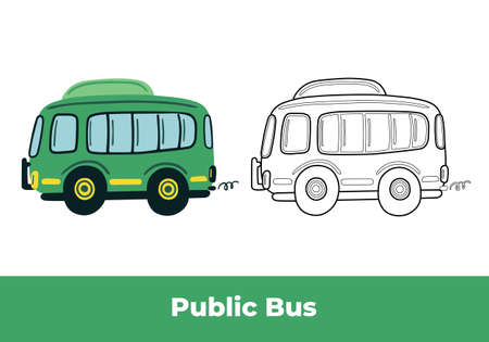 Coloring page and colorful clipart. Hand drawn green town bus and black contour sketch. Public transportation. Cute kids vector illustration.のイラスト素材
