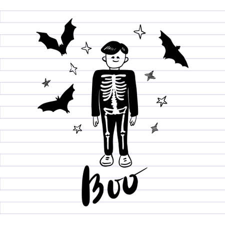 Cute boy in a skeleton costume with flying bats, stars and Boo lettering on a lined notebook background. Halloween design print card, invitation, banner. Funny hand drawing vector illustration.のイラスト素材