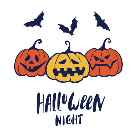 Orange pumpkins with a scary faces, flying bats above them and lettering. Happy Halloween night design print card, invitation, banner. Funny hand drawing style vector illustration.のイラスト素材